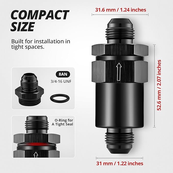 EVIL ENERGY 8AN Billet Inline Fuel Filter 30 Micron Aluminum Black for Car EFI & Carb Fuel Systems, Motorcycle and Boats