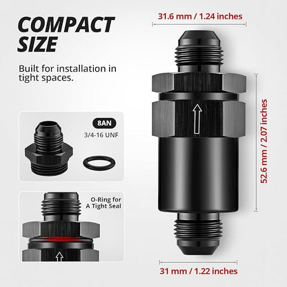 EVIL ENERGY 8AN Billet Inline Fuel Filter 30 Micron Aluminum Black for Car EFI & Carb Fuel Systems, Motorcycle and Boats