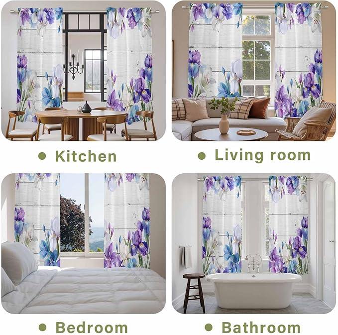 Spring Flowers Kitchen Curtains, Watercolor Garden Florals Wooden Grain Light Filtering Window Curtain Panels, 2Pcs Rod Pocket Window Treatments Set for Living Room Bathroom Bedroom 52x72 Inches