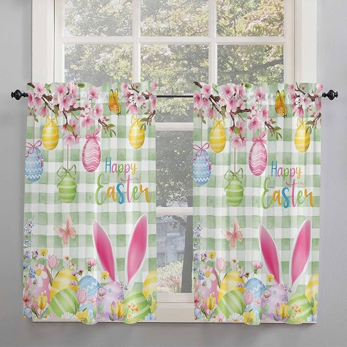 Happy Easter Tier Curtains 45 Inches Long, Spring Bunny Eggs Flower Sage Green Plaid Window Treatment Curtain Drapes, Small Curtain Drapes for Bathroom Laundry Room, 27.5"x45", 2 Panels