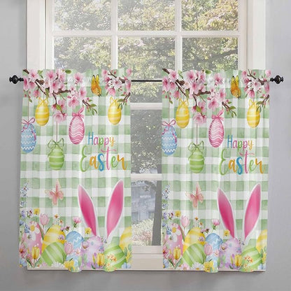 Happy Easter Tier Curtains 45 Inches Long, Spring Bunny Eggs Flower Sage Green Plaid Window Treatment Curtain Drapes, Small Curtain Drapes for Bathroom Laundry Room, 27.5"x45", 2 Panels