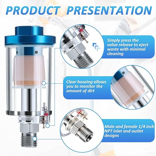 Mudder 2 Pcs Compressed Air Filter Water Oil Separator 1/4 Inch NPT Inlet and Outlet Airbrush Filter Moisture Separator for Air Line Compressor Fitting, 90 PSI