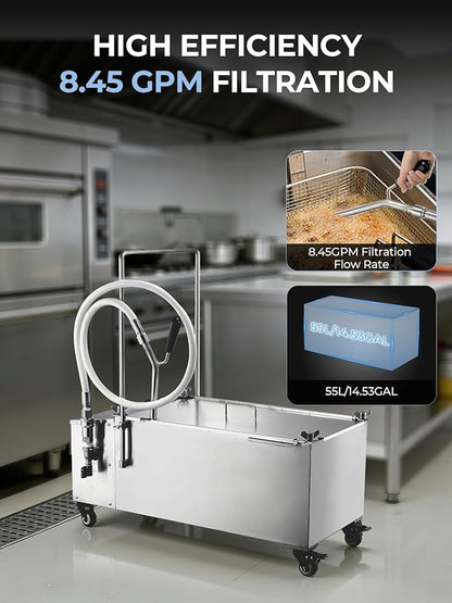 Mobile Fryer Oil Filter Machine, 55L/14.5GAL Fryer Filter Machine, Stainless Steel Commercial Fryer Oil Filter Cart with 8.45GAL/Min 1720RPM, Deep Fryer Oil Filtration for Restaurant Snack Bar 550W