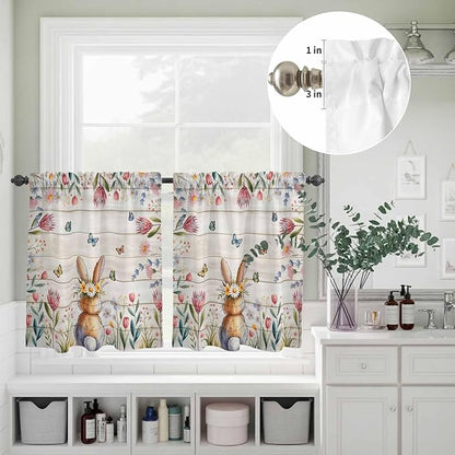 Kitchen Curtains Tiers and Valance Set of 3, Easter Light Filtering Window Curtain Set, Spring Bunny Butterfly Botanical Wooden Grain Rod Pocket Curtain Drapes for Cafe, Living Room, 36 Inches Tiers