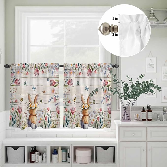 Kitchen Curtains Tiers and Valance Set of 3, Easter Light Filtering Window Curtain Set, Spring Bunny Butterfly Botanical Wooden Grain Rod Pocket Curtain Drapes for Cafe, Living Room, 24 Inches Tiers