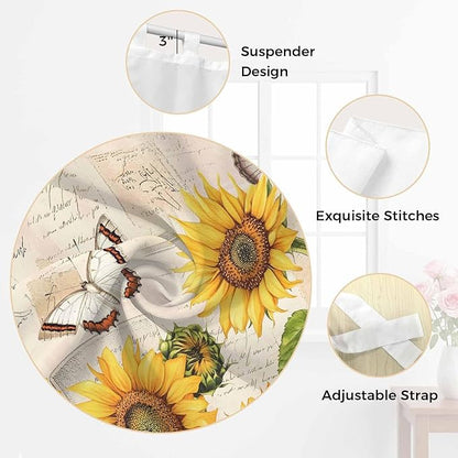 Yellow Sunflowers Living Room Curtains 84 Inch Length, Window Curtains Tab Top, Country Farm Butterfly Flower Light Beige Light Filtering Window Treatments Drapes 42"x84" 2 Panel