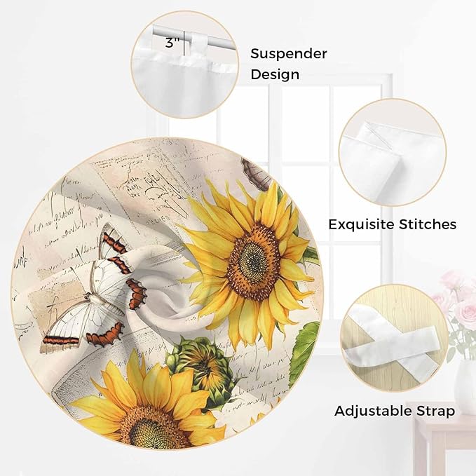 Yellow Sunflowers Kitchen Curtains 24 Inch Length, Small Window Curtains Tab Top, Country Farm Butterfly Flower Light Beige Light Filtering Short Window Treatments Tier Drapes 27.5"x24" 2 Panel
