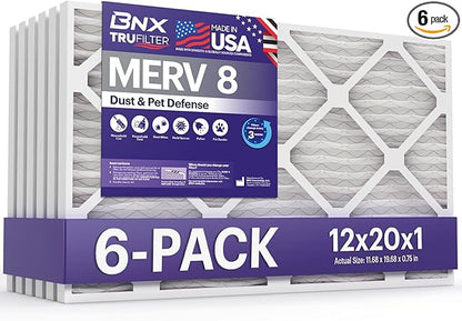 BNX TruFilter 12x20x1 Air Filter MERV 8 (6-Pack) - MADE IN USA – Dust & Pet Defense Pleated Air Conditioner HVAC AC Furnace Filters for Dust, Pet, Mold, Pollen MPR 600 – 700 & FPR 5