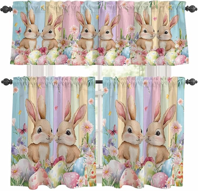 Easter Kitchen Curtains Set 3 Piece for Windows, Rod Pocket Valance and Tier Set 36 Inch Length, Spring Bunny Eggs Botanical Floral Wooden Grain Light Filtering Cafe Curtains for Living Room Bathroom