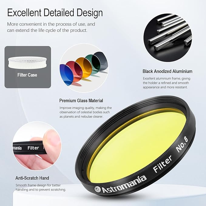 Astromania Telescope Filter, Planetary Filter with Metal Frame for Astronomical Telescope Eyepiece, 2 Inch Telescope #8 Yellow Color Filter for Enhancing Contrast in Lunar Planetary Observation