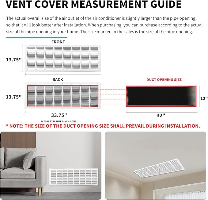32x12 Return Air Grille(Duct Opening Size),Air Return Vent Cover,Flat Vent Cover,Rejillas De Aire Acondicionado Para Casa,Return Air Grilles,Outer Dimensions:33.75"Wx13.75"H(32"W x 12"H, Duct Opening)