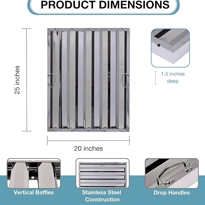 20" x 25" Stainless Steel Commercial Hood Filter – Dishwasher Safe, Welded Baffle Grease Trap with Drop Handles – Easy Installation & Durable Grease Fire Prevention Filter