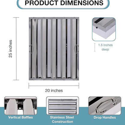 20" x 25" Stainless Steel Commercial Hood Filter – Dishwasher Safe, Welded Baffle Grease Trap with Drop Handles – Easy Installation & Durable Grease Fire Prevention Filter