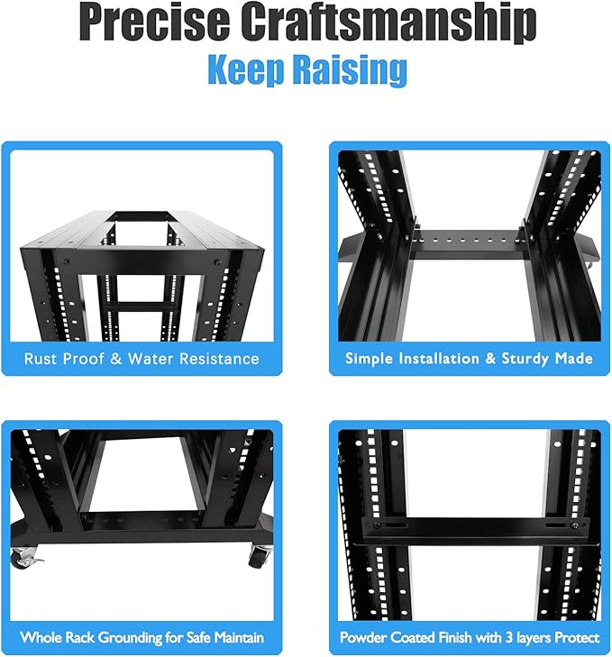 RAISING ELECTRONICS 27U 4 Post Open Frame Network Server Rack 19inch Width 600mm deep with 3 Pairs of L Rail