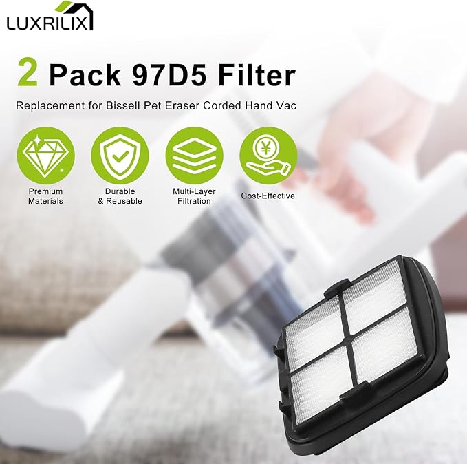 97D5 Filter Replacement for Bissell Pet Eraser Corded Hand Vac 33A1B 33A1 33A1W 27K6 Replace # 203-7416 2031432 (2 PACK) LUXRILIX