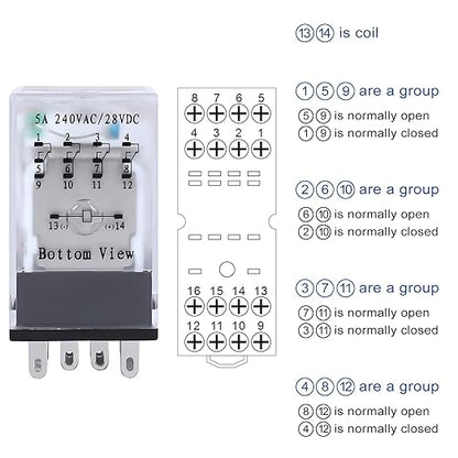 Electromagnetic Power Relay, 14-Pin 5 AMP 12V DC Relay Coil with Socket Base, LED Indicator, 4PDT 4NO 4NC - MY4NJ [Applicable for DIN Rail System]