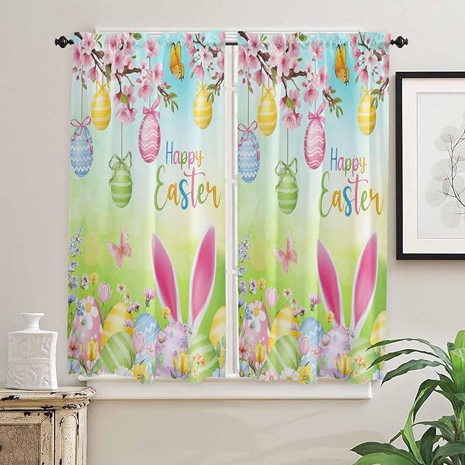 Easter Bedroom Curtains 63 Inches length, Spring Bunny Colorful Rabbit Eggs Butterfly Blue Green Window Treatment Curtain Drapes, Rod Pocket Curtain Panels for Living Room Kitchen, 42"x63", 2 Panels