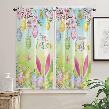 Easter Bedroom Curtains 63 Inches length, Spring Bunny Colorful Rabbit Eggs Butterfly Blue Green Window Treatment Curtain Drapes, Rod Pocket Curtain Panels for Living Room Kitchen, 42"x63", 2 Panels