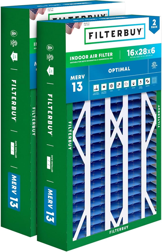 Filterbuy 16x28x6 Air Filter MERV 13 Optimal Smoke & Allergy Defense (2-Pack), Pleated HVAC AC Furnace Filters for AprilAire Space-Gard 401, 2400, & Lennox (Actual Size: 15.50 x 26.88 x 6.00)