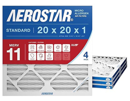 Aerostar 20x20x1 MERV 11 - 4 Count - Pleated HVAC, Furnace & Air Conditioner Filters - Removes Dust, Cold & Flu Germs, Lint, Mold, Pet Dander, Allergy-Causing Pollen, Smog & Smoke
