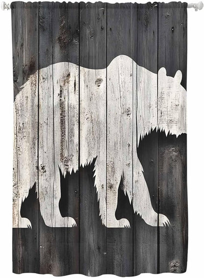 Sheer Curtains 63 Inch Length, White Brown Bear Semi Sheer Curtains Light Filtering Window Treatment, Farmhouse Country Rustic Wooden Grain Privacy Voile Drapes for Living Room Bedroom 52x63 Inch