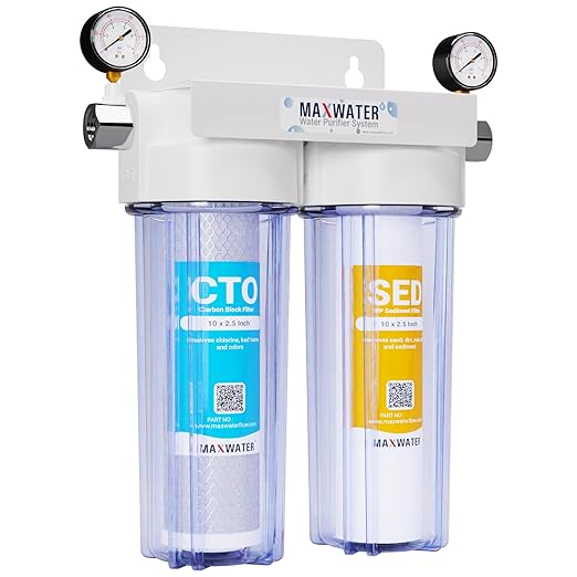 Max Water 2 Stage (Sediment, Odor & Improving Taste) Whole House 10 inch, Standard Water Filtration System with Pressure Gauge - Clear Housing - Sediment + CTO - ¾ Inlet/Outlet