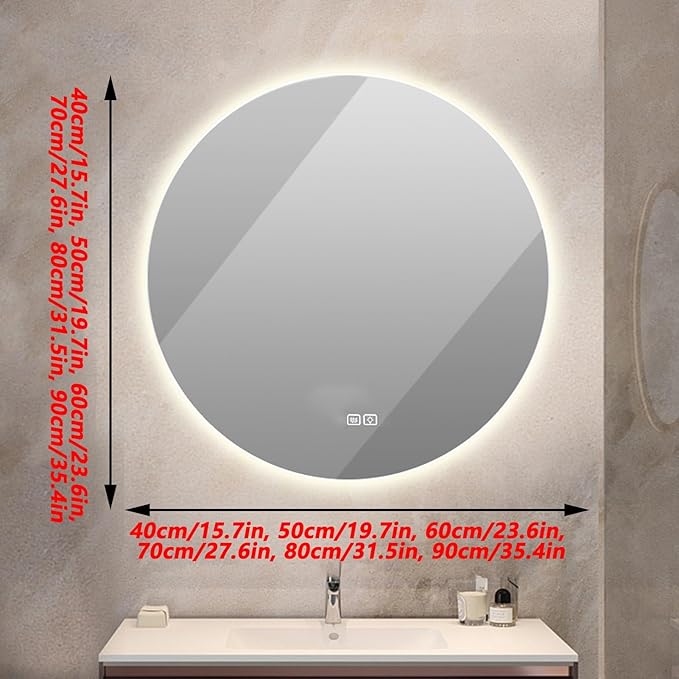 Bathroom Mirror with LED Lights and Touch Sensor, Wall Mounted Mirror with Demister Pad, 3 Colours of Light, Double Touch Button, for Entryway, Bathroom, Vanity(90cm/35.4in)