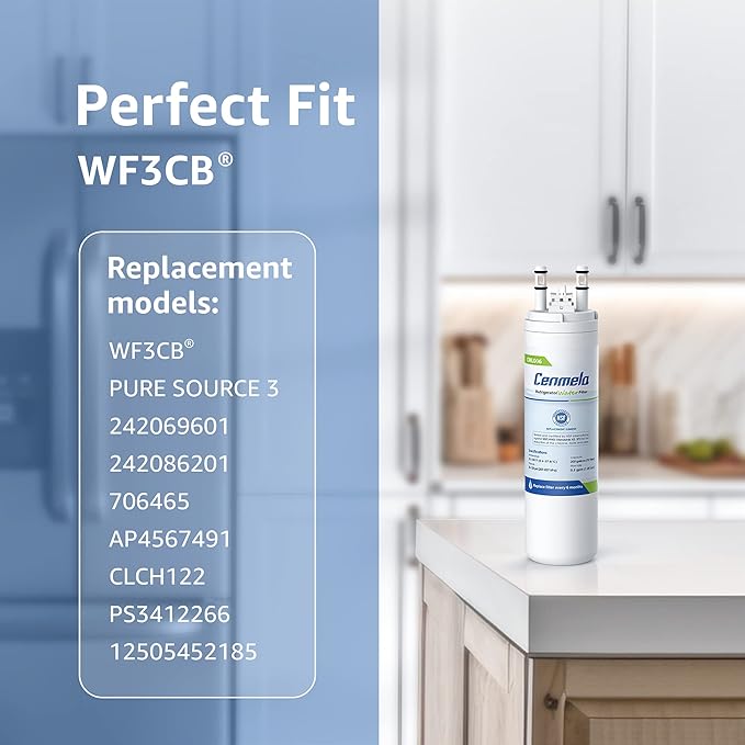 WF3CB Replacement Water Filter, Compatible with Frigidaire WF3CB, Pure Source 3, 706465, 242069601, 242086201, 242017800, WF425, Height 9 inches, Pack of 2