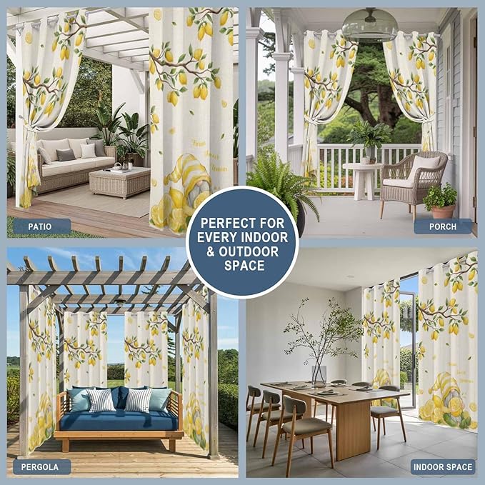Summer Outdoor Curtains for Patio Lemon Gnome Leaf Linen Texture Waterproof Outside Curtains with Grommet Top Weatherproof Curtain for Cabana Pergola Gazebo, 1 Panel, 54" W x 95" L