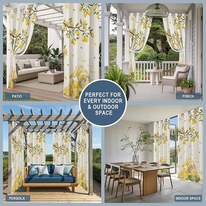 Summer Outdoor Curtains for Patio Lemon Gnome Leaf Linen Texture Waterproof Outside Curtains with Grommet Top Weatherproof Curtain for Cabana Pergola Gazebo, 2 Pack, 54" W x 95" L