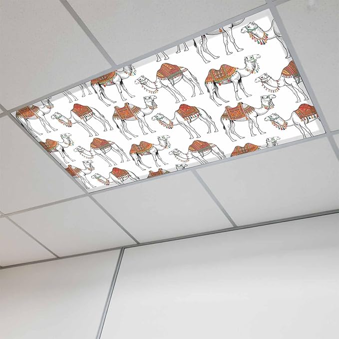 1 Pack Fluorescent Light Cover, Sand Camel Light Covers for Ceiling Lights, Vintage Farmhouse Desert Animals Camel Magnetic Lights Filters Ceiling Shade for Classroom/Office - 4 x 2 Feet