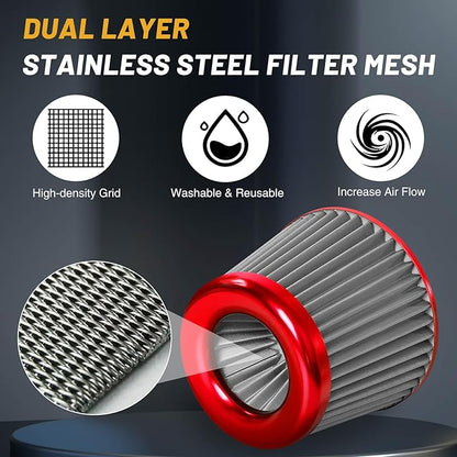 3" 76mm Universal High Flow Cold Air Intake Air Filter Upgraded Stainless Steel Cone Filter(Red)