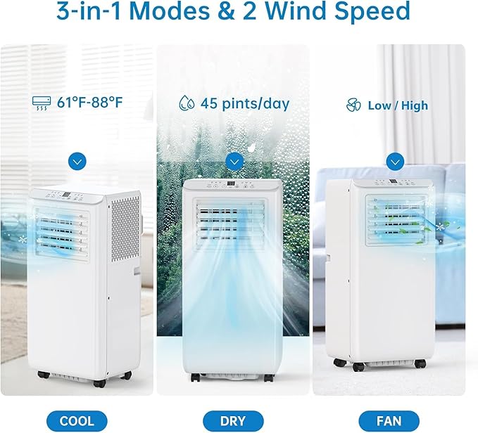 8000 BTUs Portable Air Conditioner with Cooling, Dehumidifier, Fan 3-IN-1 Indoor AC, 24H Timer, 2 Fan Speeds, Sleep Mode, Remote Control Included - Ideal for Home, Office, and Garage Use