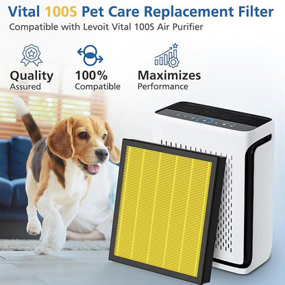 Vital 100S Pet Care Replacement Filter Compatible with LEVOIT Vital 100S Air Purifier, 3-in-1 HEPA Activated Carbon Vital 100S-P Filter, Vital 100S-RF-PA (LRF-V102-YUS), 2 Pack, Yellow