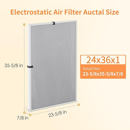 2-Pack 24x36x1 MERV 8 Reusable & Washable Electrostatic Air Filters - Long-Lasting Filter for HVAC, Furnace & Air Conditioner Units, Actual Size: 23-5/8” x 35-5/8” x 7/8”