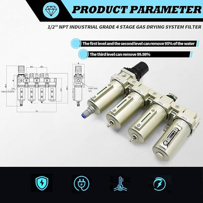 1/2" NPT Industrial Grade 4 Stage Gas Drying System, Coalescing Filter, Desiccant Dryer, Auto Drain, Compatible with Paint Spray, Plasma Cutter (Auto Version)