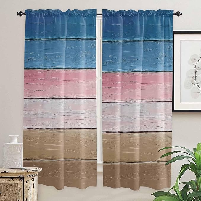 Blue Pink Brown Gradient Wood Grain Window Valance Curtains, Vintage Wood Board Light Filtering Kitchen Valance with 3-inch Rod Pocket for Living Room Bathroom Bedroom,2 Panel,52x72In