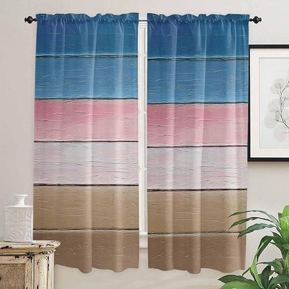 Blue Pink Brown Gradient Wood Grain Window Valance Curtains, Vintage Wood Board Light Filtering Kitchen Valance with 3-inch Rod Pocket for Living Room Bathroom Bedroom,2 Panel,52x72In