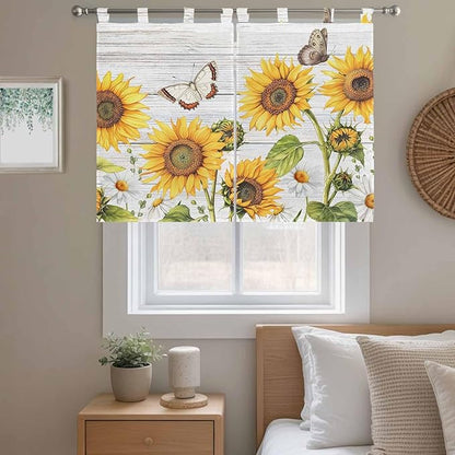 Yellow Sunflowers Bedroom Curtains 63 Inch Length, Window Curtains Tab Top, Vintage Country Flowers Butterfly Wood Board Light Filtering Window Treatments Drapes 42"x63" 2 Panel