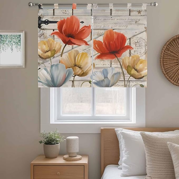 Retro Floral Bedroom Curtains 63 Inch Length, Window Curtains Tab Top, Red Yellow Tulips Barm Doors Farmhouse Wooden Light Filtering Window Treatments Drapes 42"x63" 2 Panel