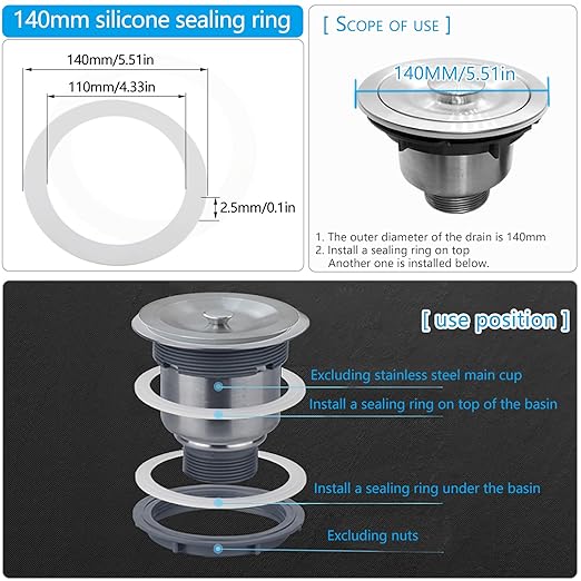 2PCS Kitchen Sink Filter Sealing Ring, Drain Pipe Flat Silicone Gasket, Waste Pipe Gasket, 5.5-inch Drain Pipe Sink Odor Collector Siphon, 140mm Inclined Sliding Joint Rubber Ring