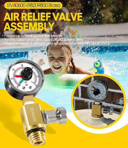 98209800 High Flow Manual Relief Valve/Air Relief Manual Valve Assembly with Pressure Gauge, Replacement for Pool and Spa Filter (RV40600 (98209800 Brass))