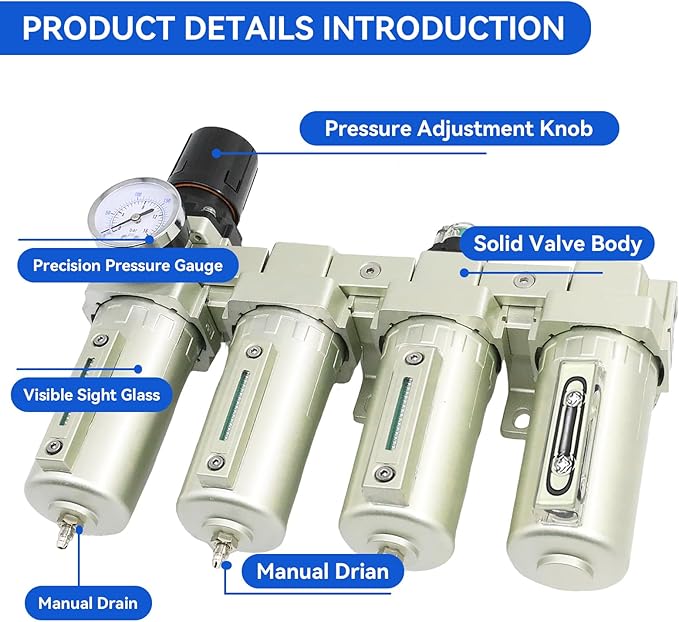 1/2" NPT Industrial Grade 4 Stage Air-Dryer-for-Compressor, Air-Compressor-Water-Separator-System for Plasma Cutter and Paint Spray, 3Filter&1Dryer System,Manual Drain
