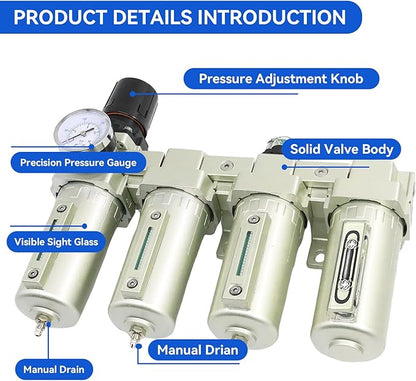 1/2" NPT Industrial Grade 4 Stage Air-Dryer-for-Compressor, Air-Compressor-Water-Separator-System for Plasma Cutter and Paint Spray, 3Filter&1Dryer System,Manual Drain