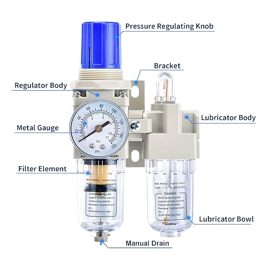 BLCH 1/4" NPT Air Compressor Water Separator - Air Pressure Regulator Compressed Air Filter Regulator Lubricator Combo AC2010-02 Manual Drain Poly Bowl Gauge 0-160 PSI 5μm Brass