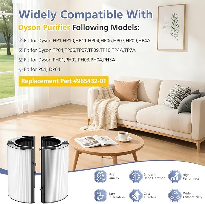 Upgraded 2-in-1 Replacement Filter Compatible with Dyson HP1 PC1 TP07 TP10 HP10 TP06 HP06 TP04 HP04 PH01 PH02 PH03 HP09 TP09 HP07 Air Purifier, 360°Combi Glass H13 True Hepa+ Activated Carbon Filter
