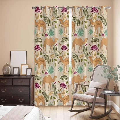 2 Panel Kitchen Cafe Curtains, Desert Camels Sunlight Filtering Nature Air Through, Home Decor Window Covering Tier Curtains for Living Room 104W x 96L inch Vintage Sand Animals Aloe Vera Leaves Beige