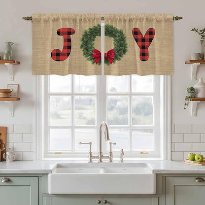 Red Green Christmas Kitchen Tier Curtains 24 Inch Long 2 Panel Set,Rod Pocket Cafe Small Window Curtains Over Sink,Xmas Botanical Winter Farmhouse Short Drapes for Bathroom Cabinet 27.5"W x 24"L