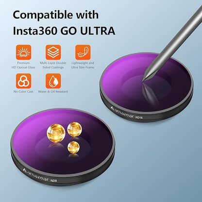 AMAZEAR Filters Set for Insta360 GO Ultra, Insta 360 Pro Accessories Neutral Density & Polarizer Optical Glass Lens Filter Kit (CPL + ND8 + ND16 + ND32 + 1/4 Black Pro-Mist)