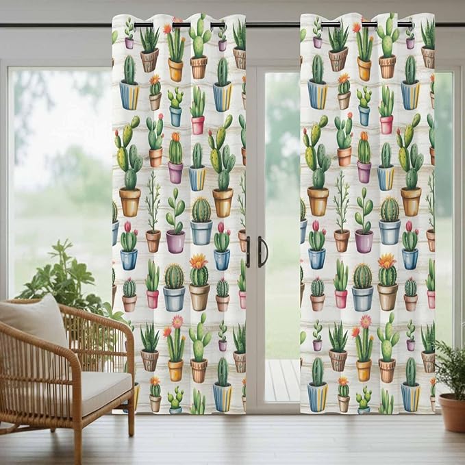 Summer Cactus Outdoor Curtains for Patio Cactus Tropical Plant Wooden Waterproof Outside Curtains with Grommet Top Weatherproof Curtain for Cabana Pergola Gazebo, 2 Pack, 54" W x 108" L